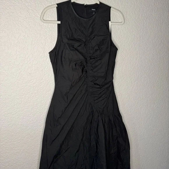 NWT Theory Asymmetrical Ruched Tank Dress Size 2 Black Chic Classic Quiet Luxury - Picture 3 of 7